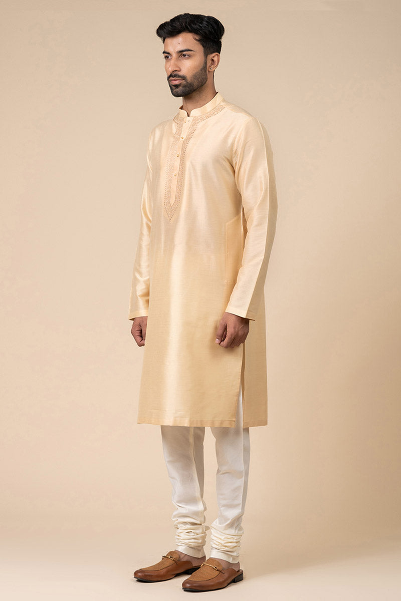 Beige Kurta Set With Embroidered Packet