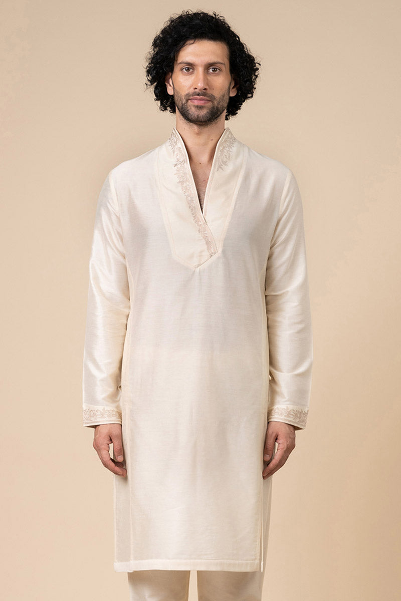 Ivory Kurta Set with Stylised Embroidered Neck