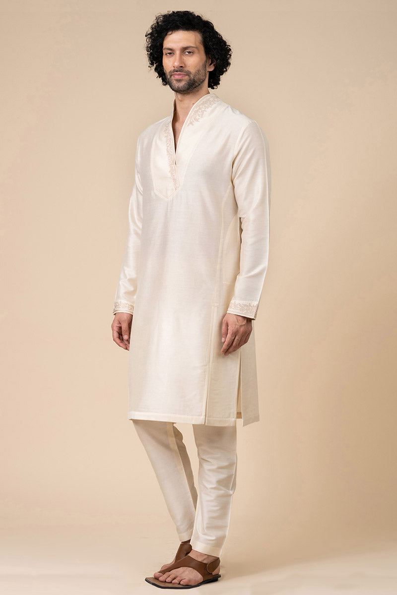 Ivory Kurta Set with Stylised Embroidered Neck