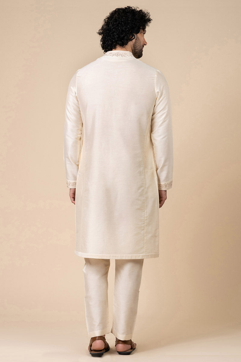 Ivory Kurta Set with Stylised Embroidered Neck