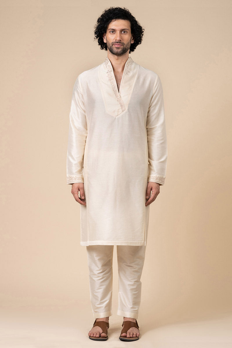 Ivory Kurta Set with Stylised Embroidered Neck