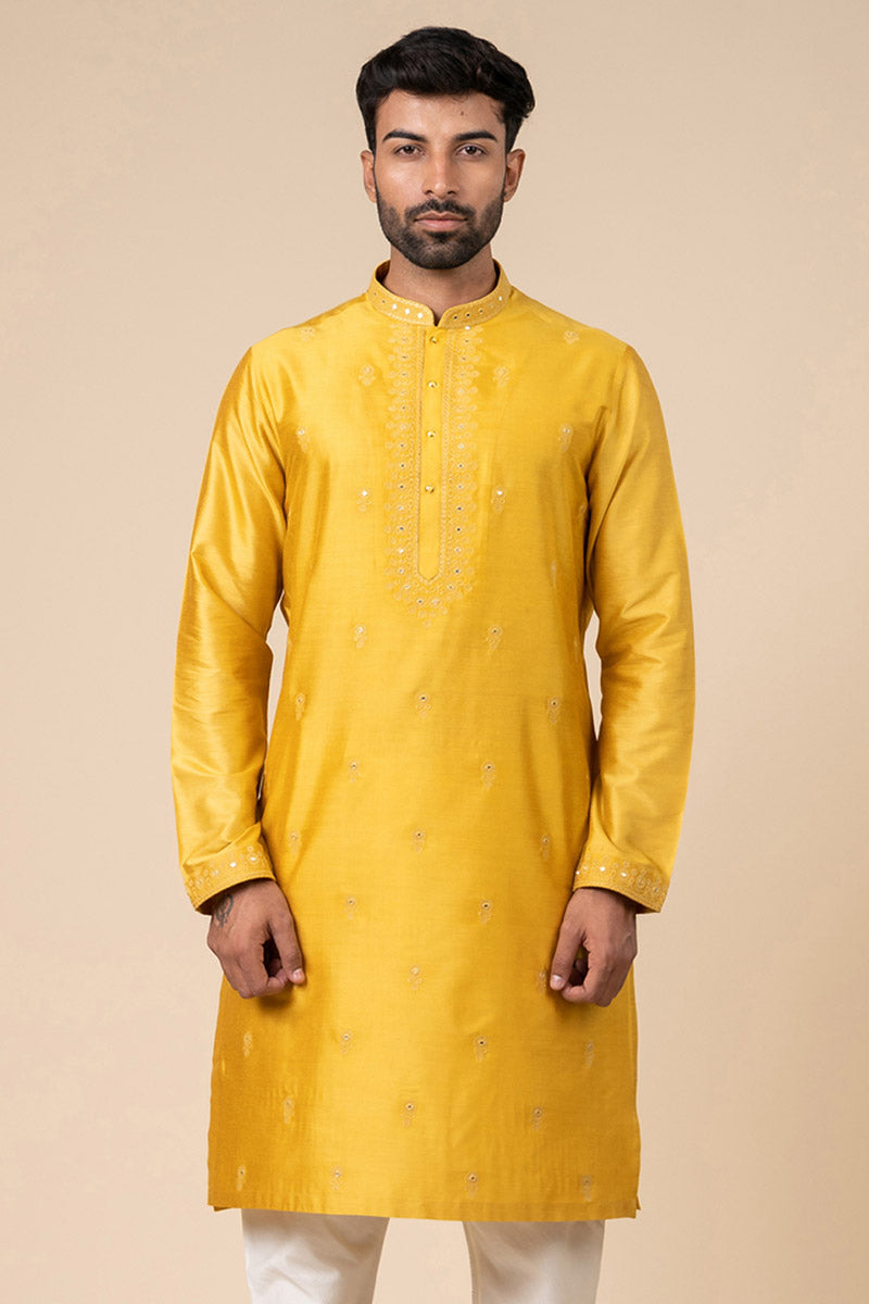 Yellow Ochre Kurta Set With Mirror Work