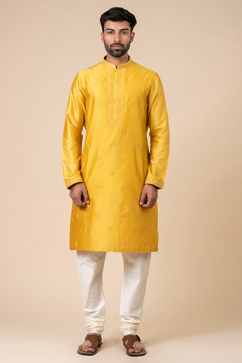 Yellow Ochre Kurta Set With Mirror Work