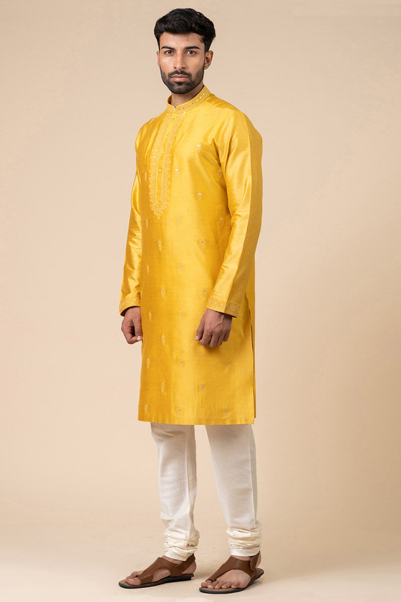 Yellow Ochre Kurta Set With Mirror Work