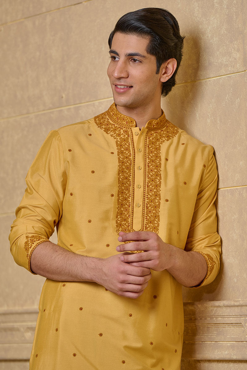 Yellow Ochre Thread Embroidered Kurta Set