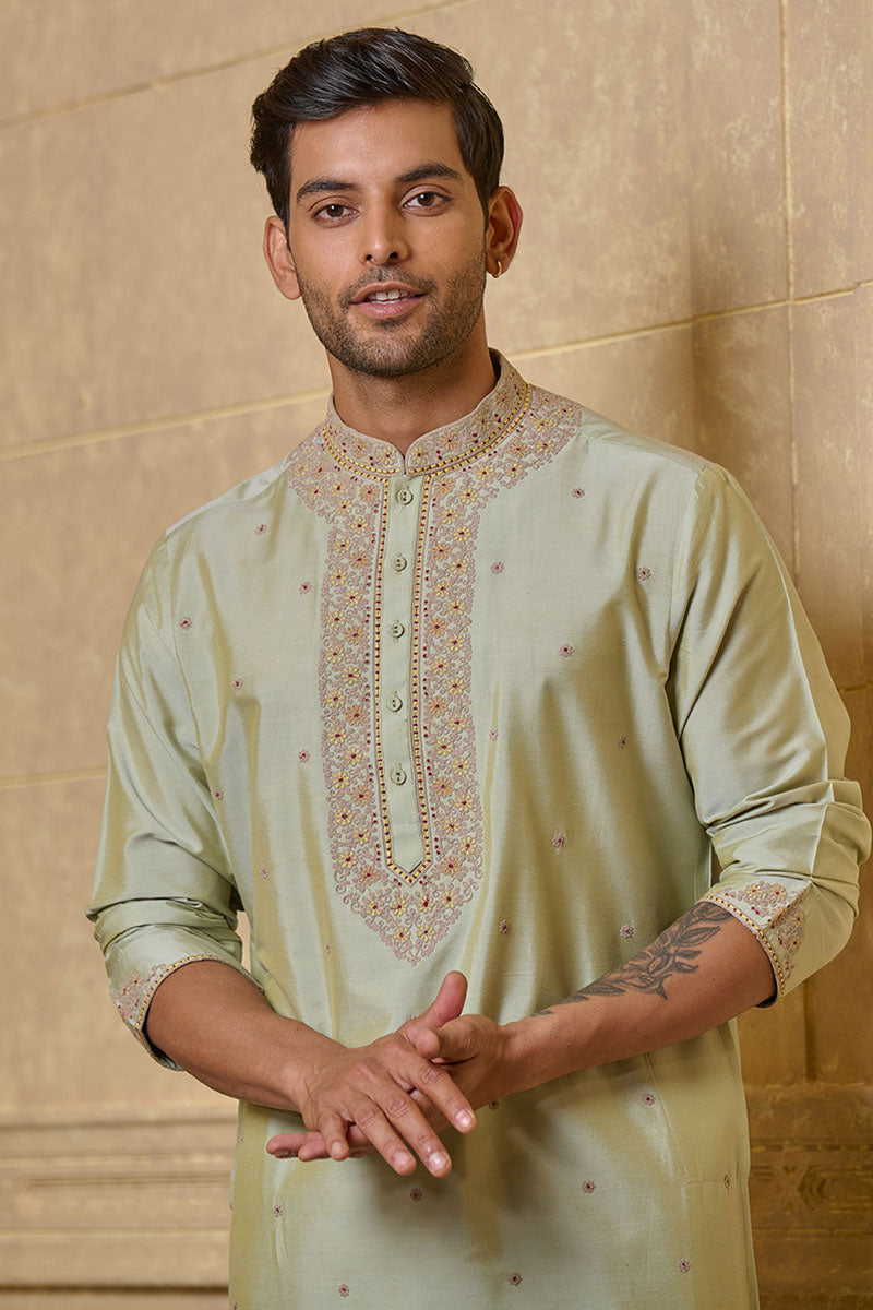 Olive Thread Embroidered Kurta Set