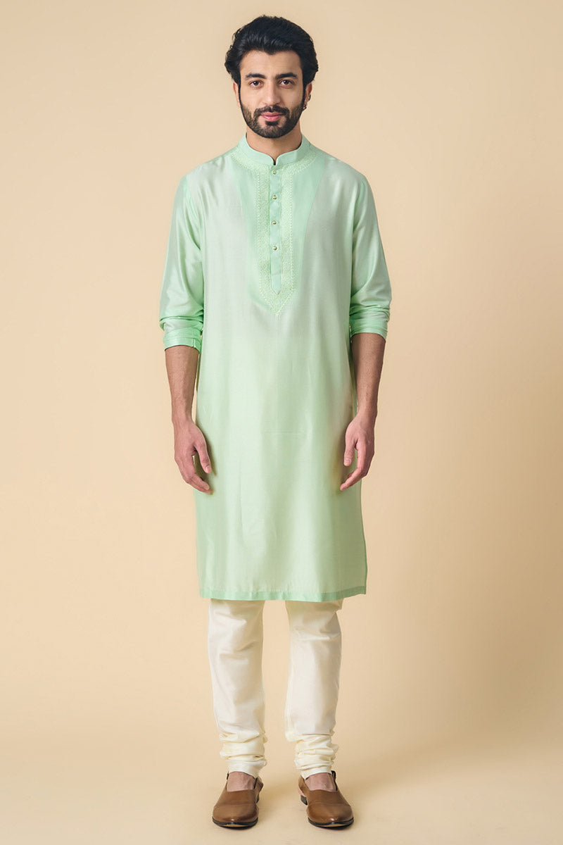 Light Green Kurta Set With Embroidered Packet