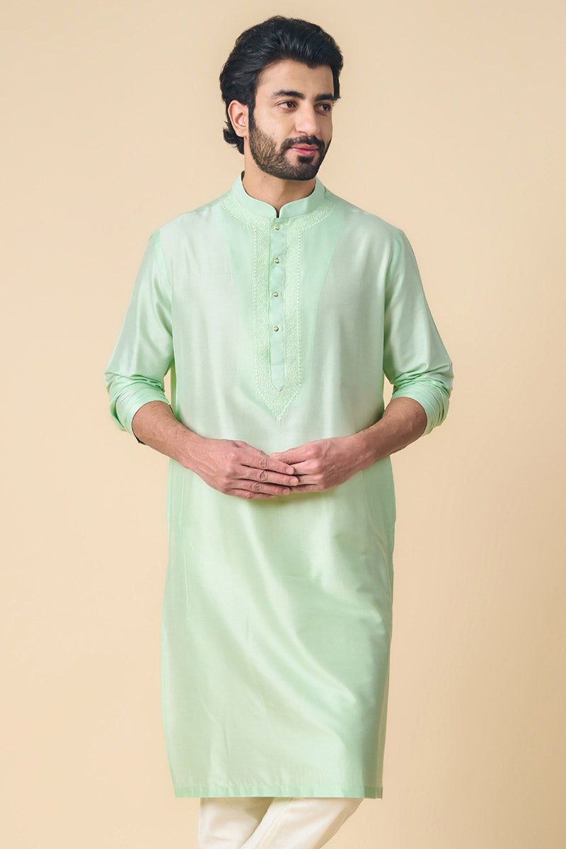 Light Green Kurta Set With Embroidered Packet