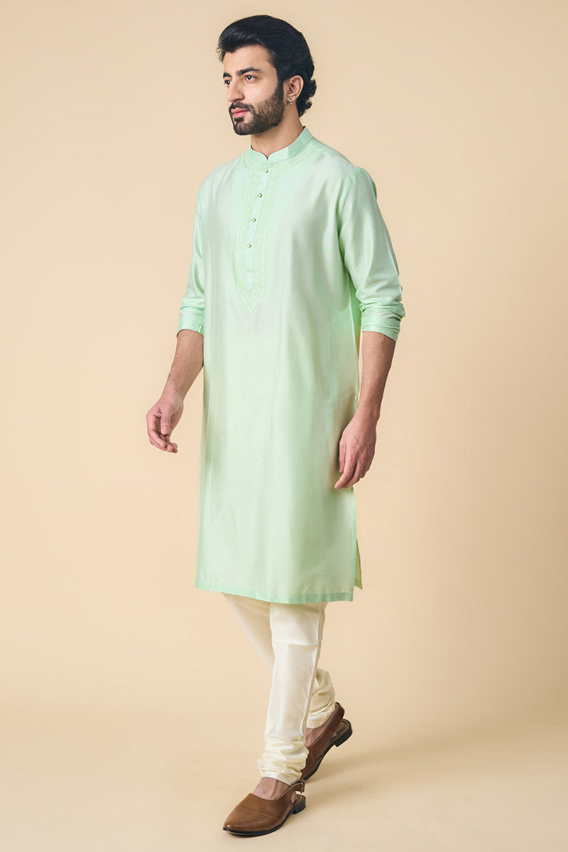 Light Green Kurta Set With Embroidered Packet