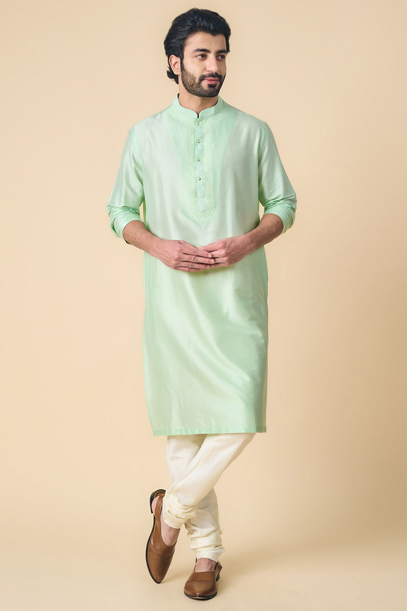 Light Green Kurta Set With Embroidered Packet