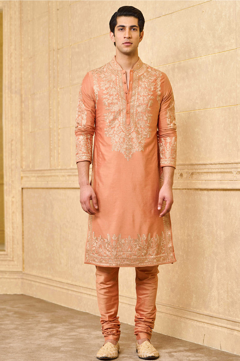 Peach Kurta Set With Placement Resham Aari Embroidery