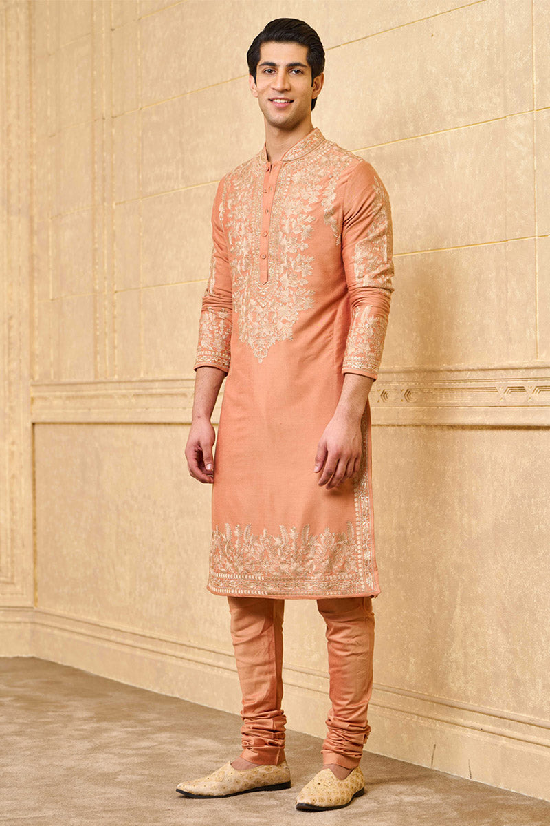 Peach Kurta Set With Placement Resham Aari Embroidery