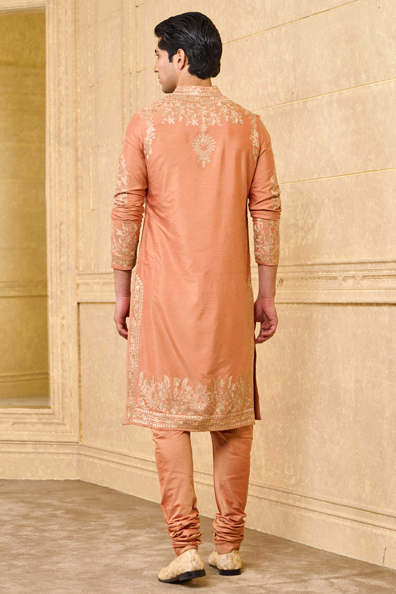 Peach Kurta Set With Placement Resham Aari Embroidery