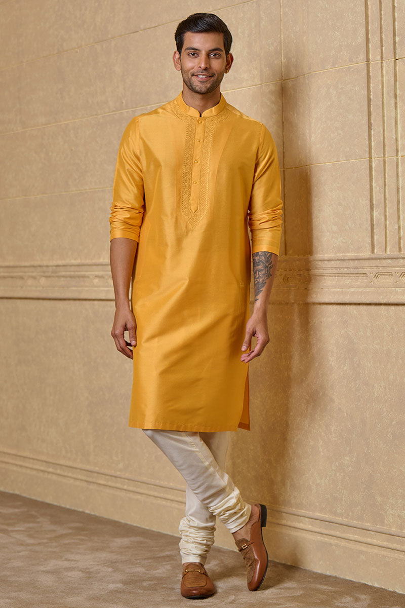 Yellow Ochre Kurta Set With Embroidered Packet