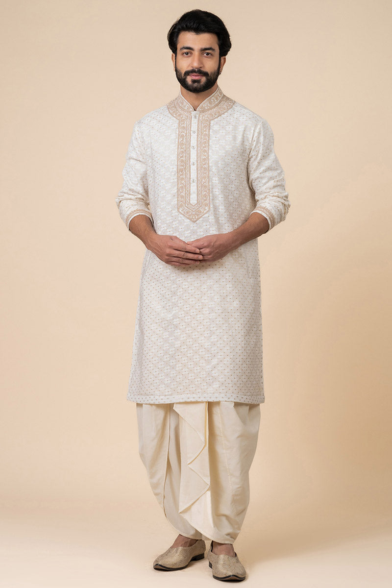 Ivory Zari Jacquard Kurta Set With Embroidered Placket