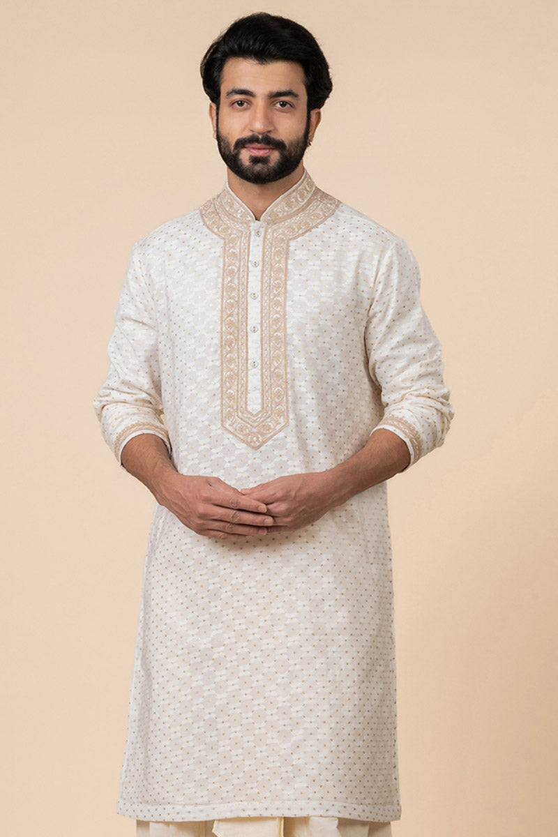 Ivory Zari Jacquard Kurta Set With Embroidered Placket