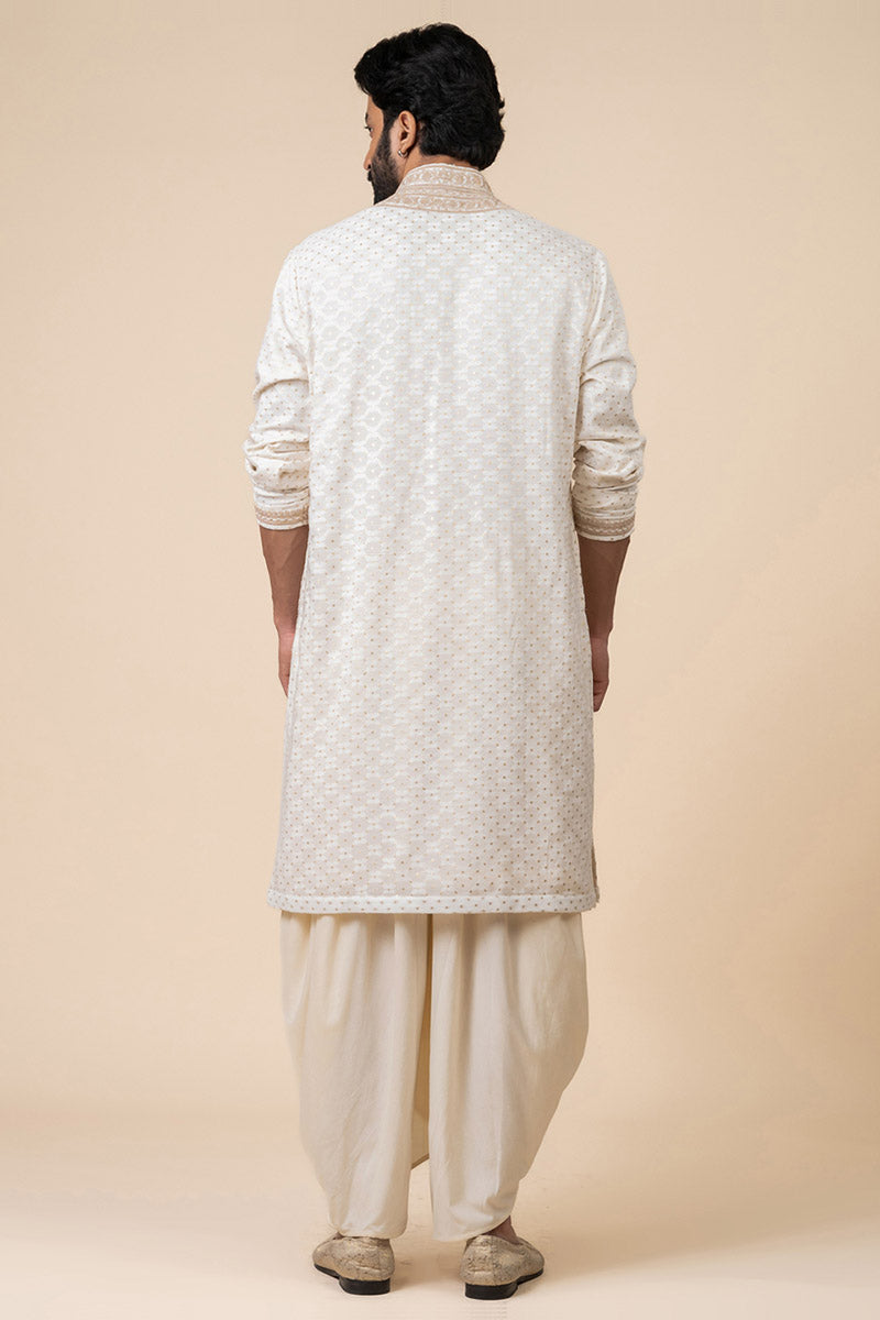 Ivory Zari Jacquard Kurta Set With Embroidered Placket