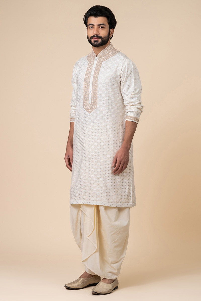 Ivory Zari Jacquard Kurta Set With Embroidered Placket