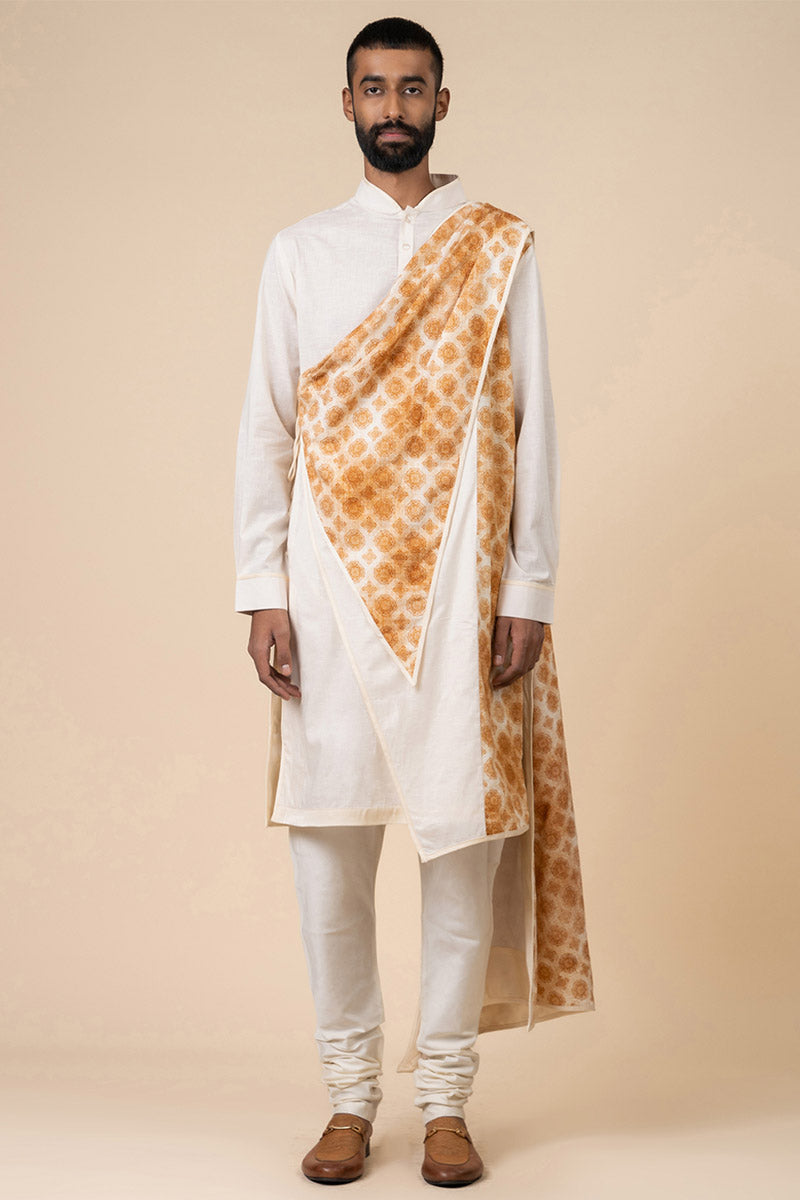 Ivory Drape Kurta Set With Printed Panels