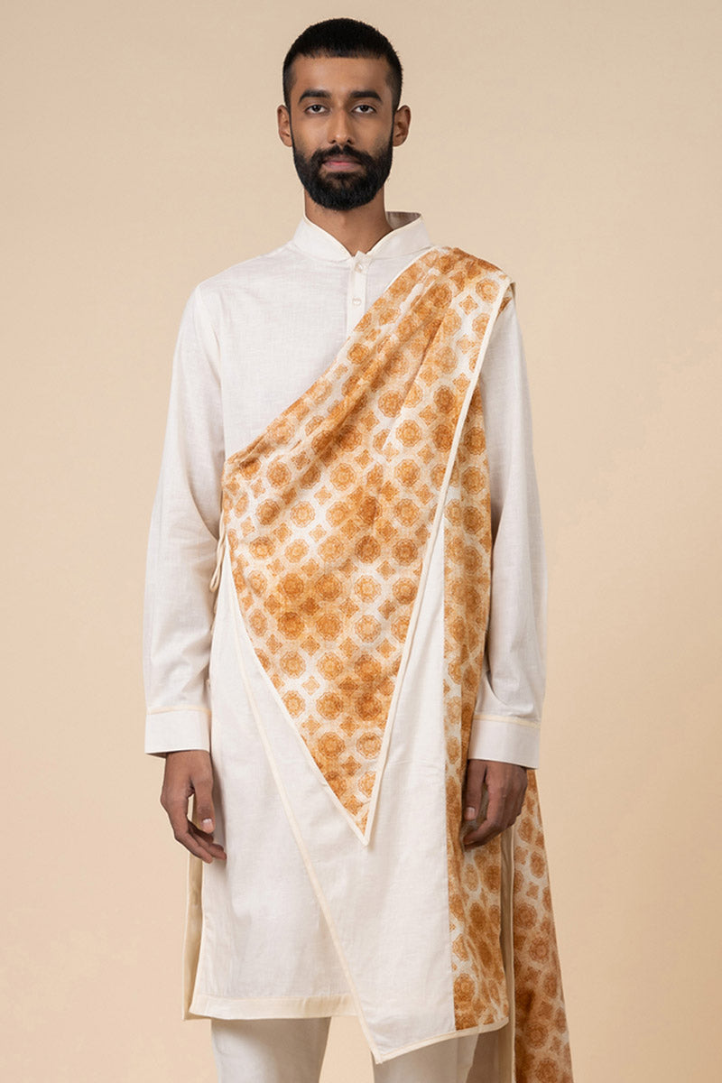 Ivory Drape Kurta Set With Printed Panels