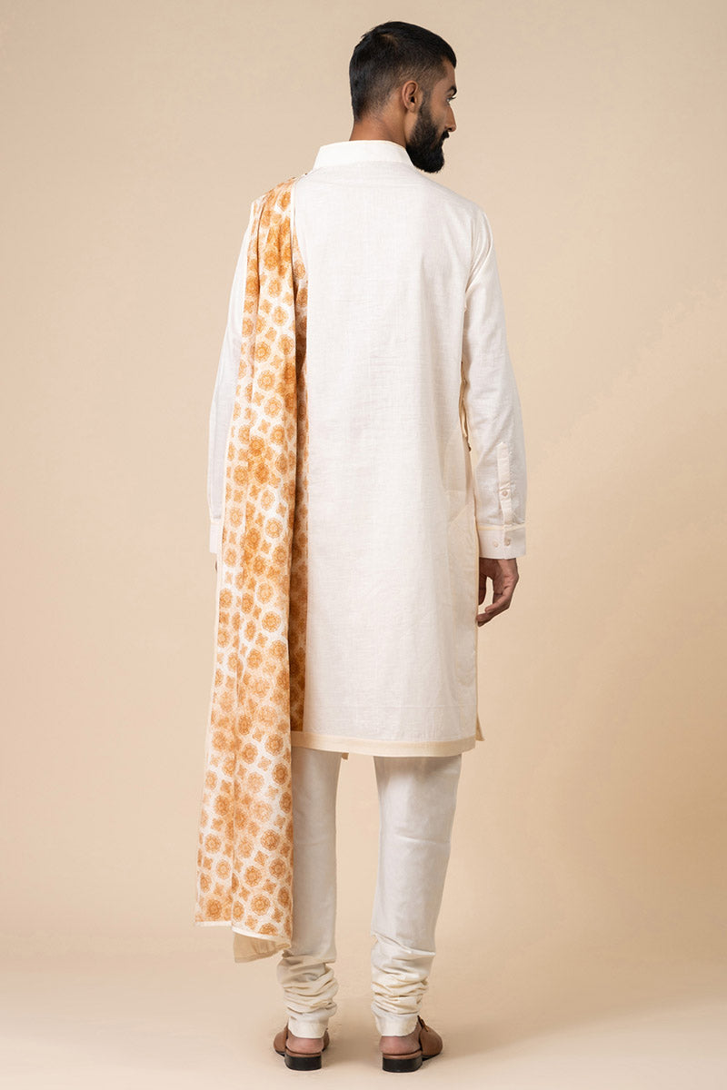 Ivory Drape Kurta Set With Printed Panels