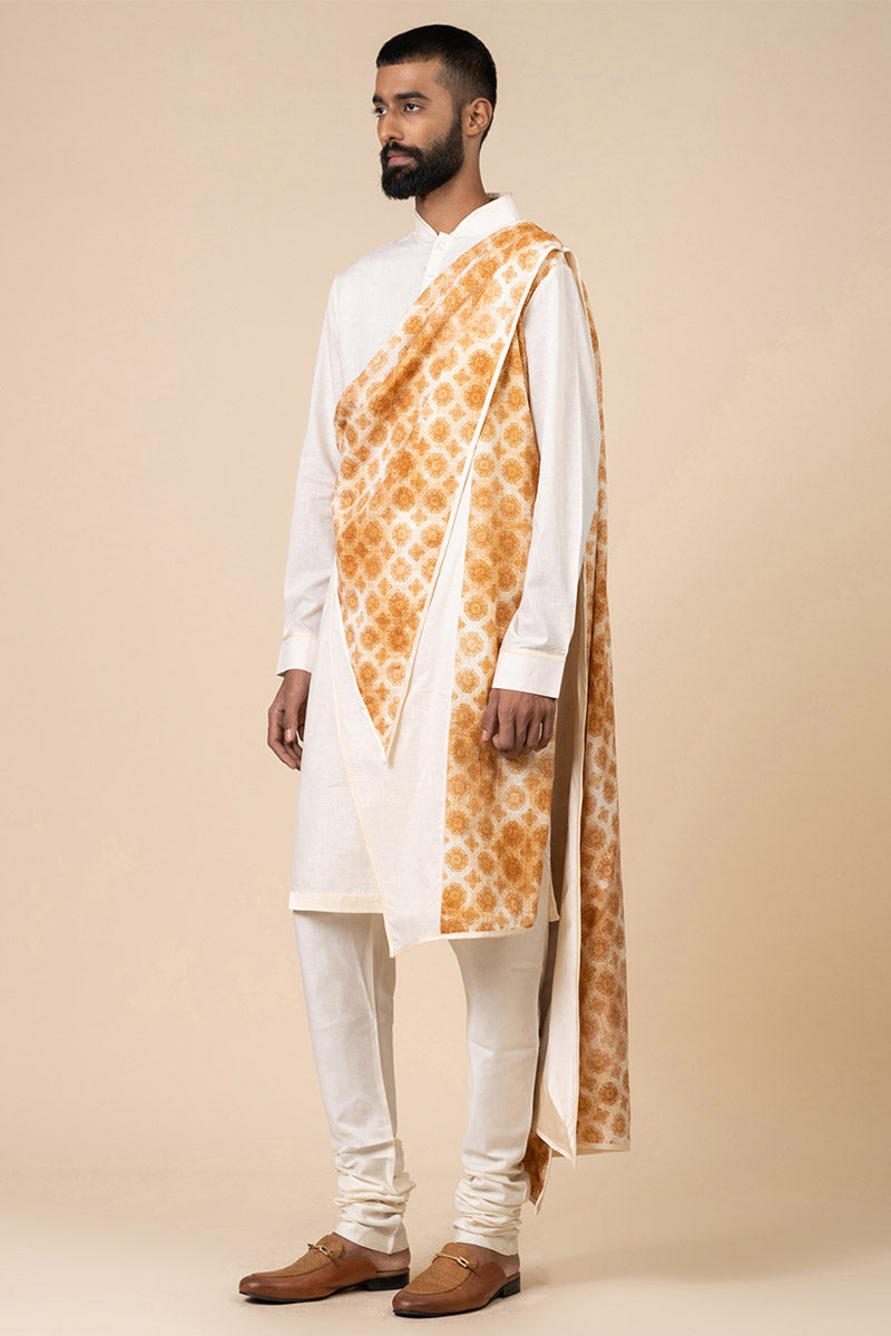 Ivory Drape Kurta Set With Printed Panels