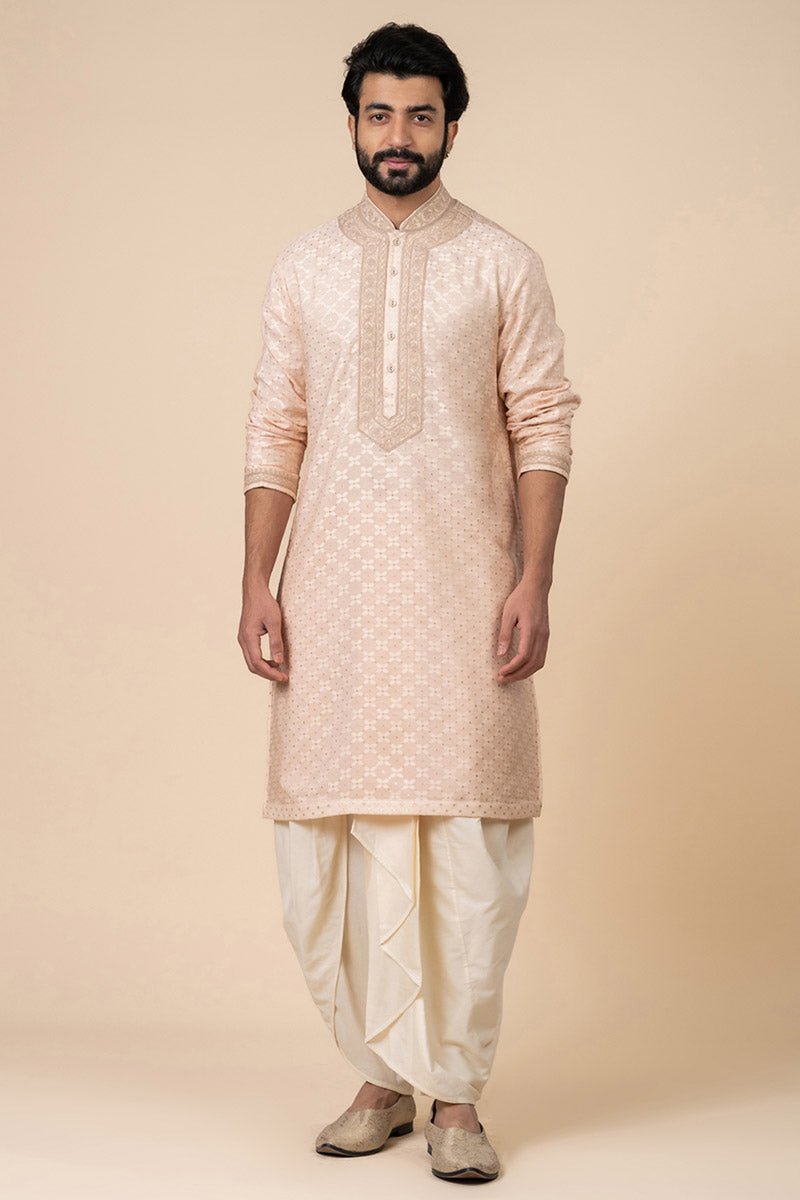 Pink Zari Jacquard Kurta Set With Embroidered Placket