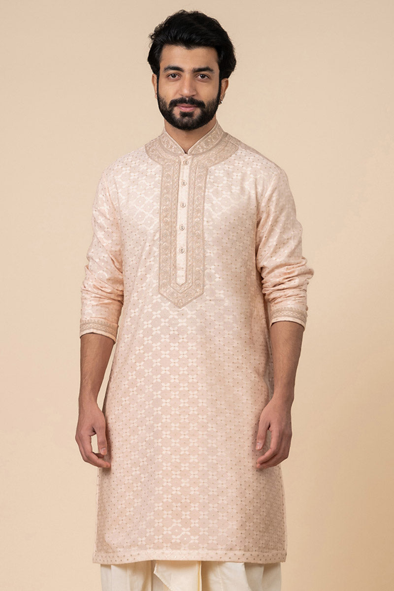 Pink Zari Jacquard Kurta Set With Embroidered Placket