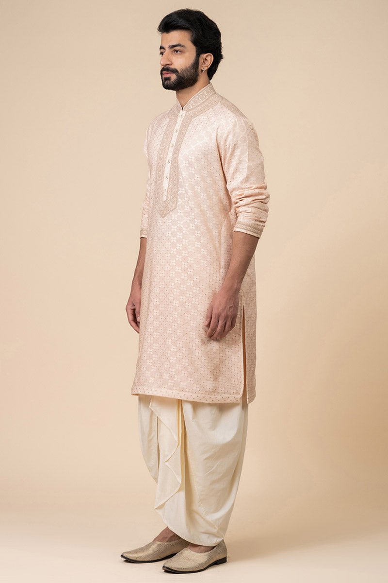 Pink Zari Jacquard Kurta Set With Embroidered Placket