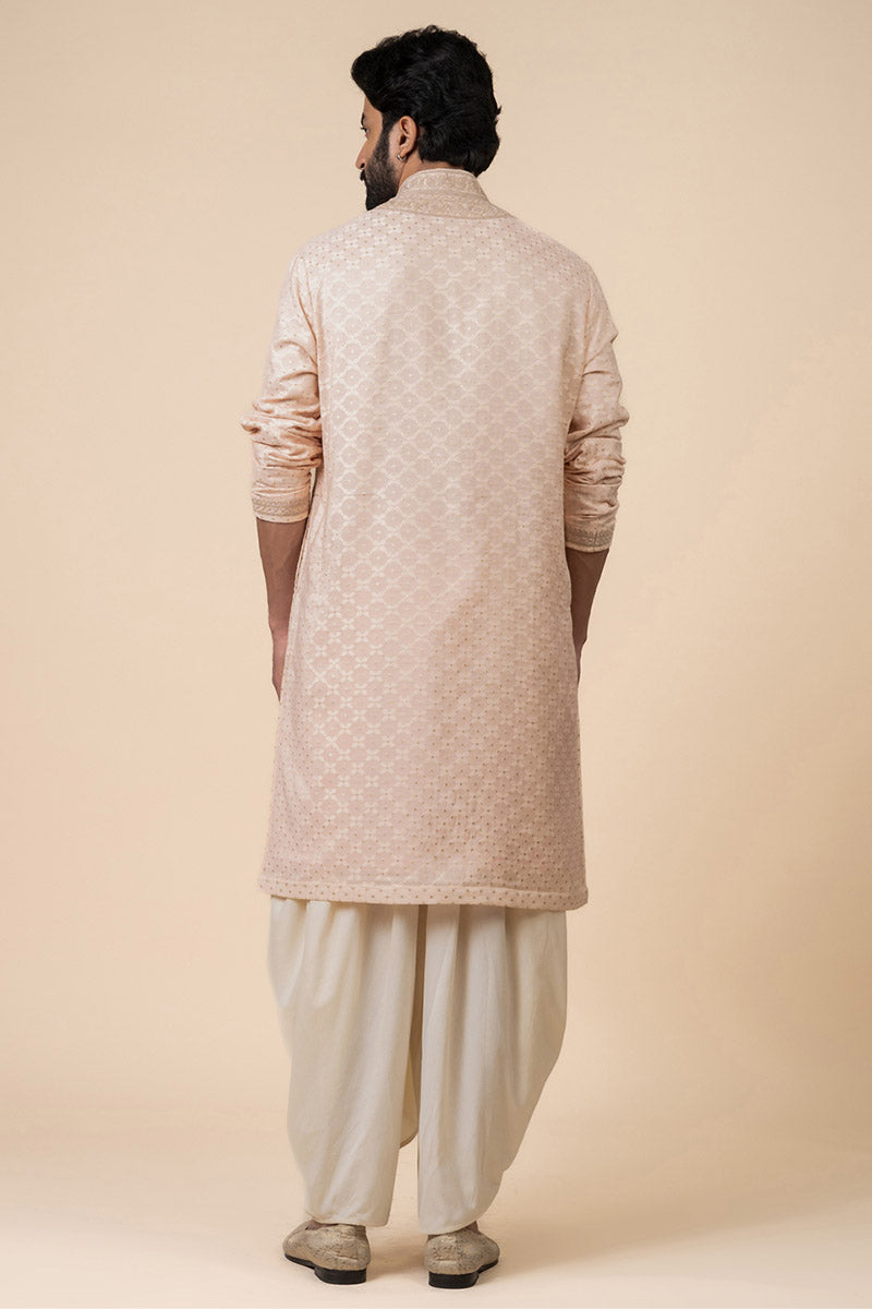 Pink Zari Jacquard Kurta Set With Embroidered Placket