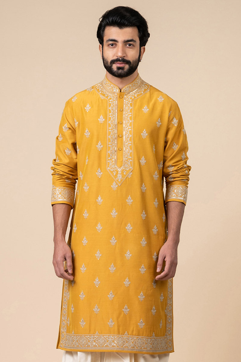 Yellow Ochre All Over Buti Embroidered Kurta Set