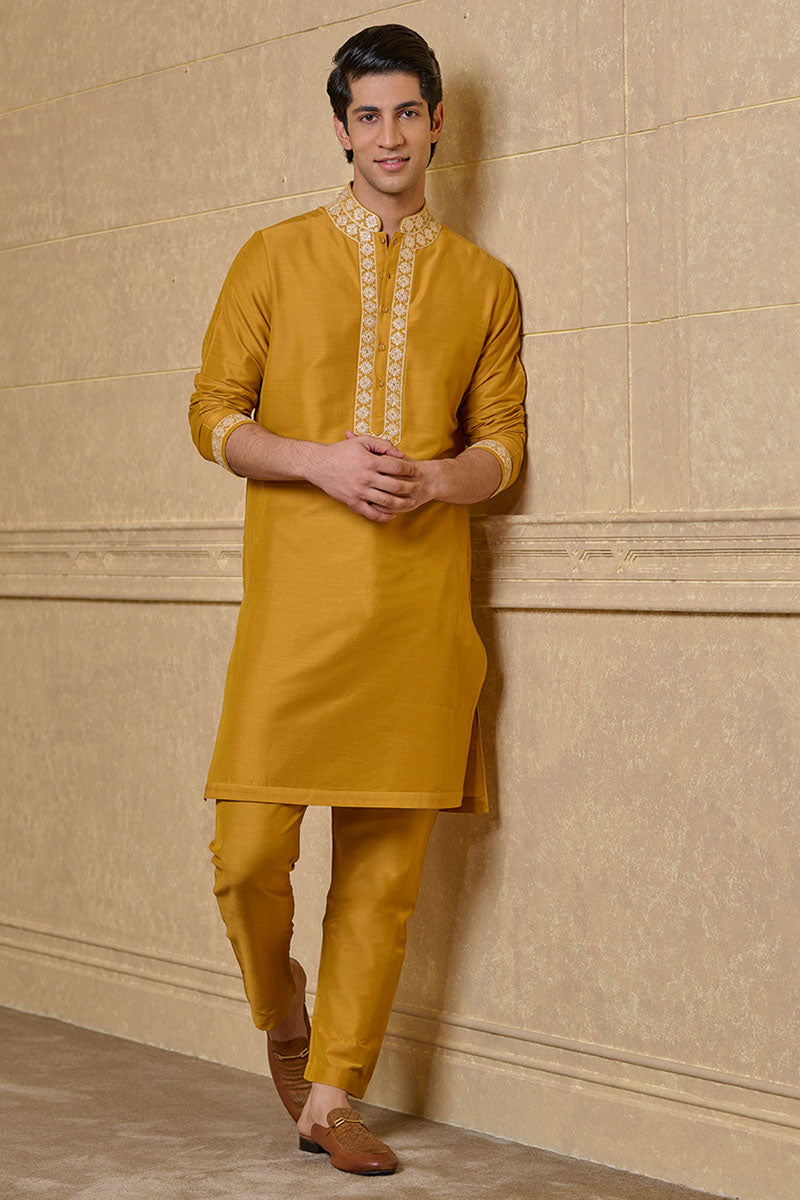 Yellow Ochre Kurta Set with Fine Thread And Gota Work