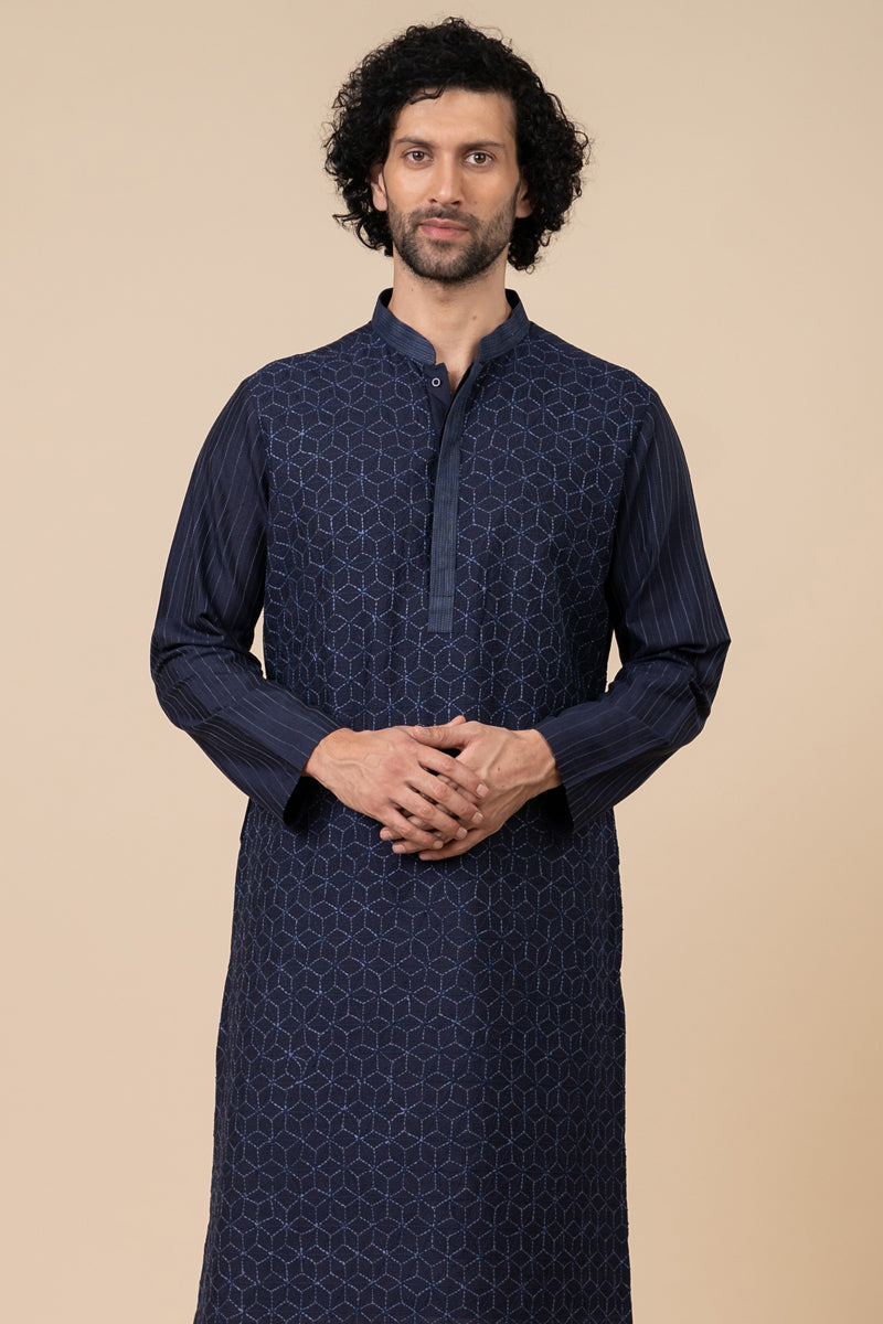 Navy Kurta Set In All Over Kantha Embroidery