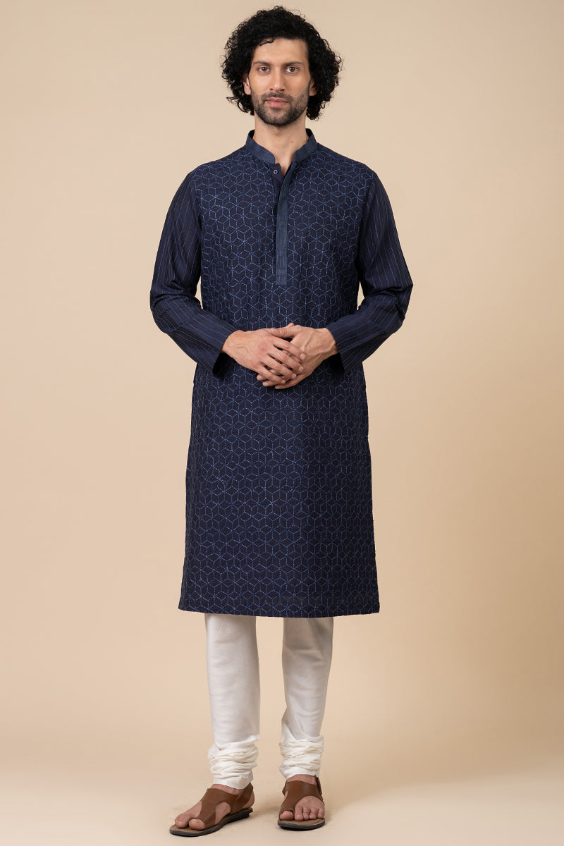 Navy Kurta Set In All Over Kantha Embroidery