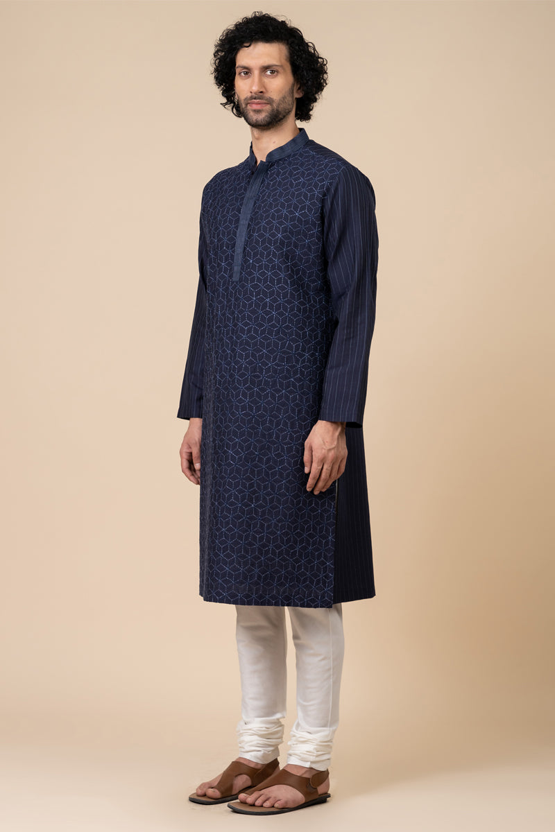 Navy Kurta Set In All Over Kantha Embroidery