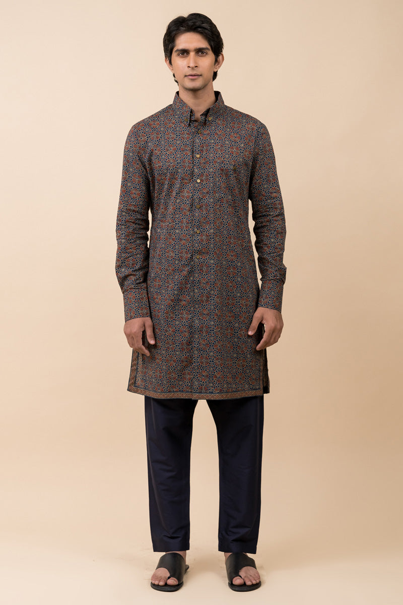 Navy Printed Shirt Style Kurta Set