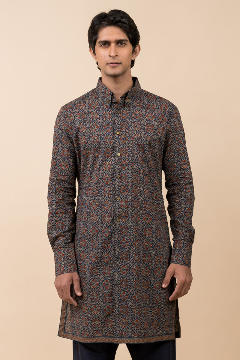 Navy Printed Shirt Style Kurta Set