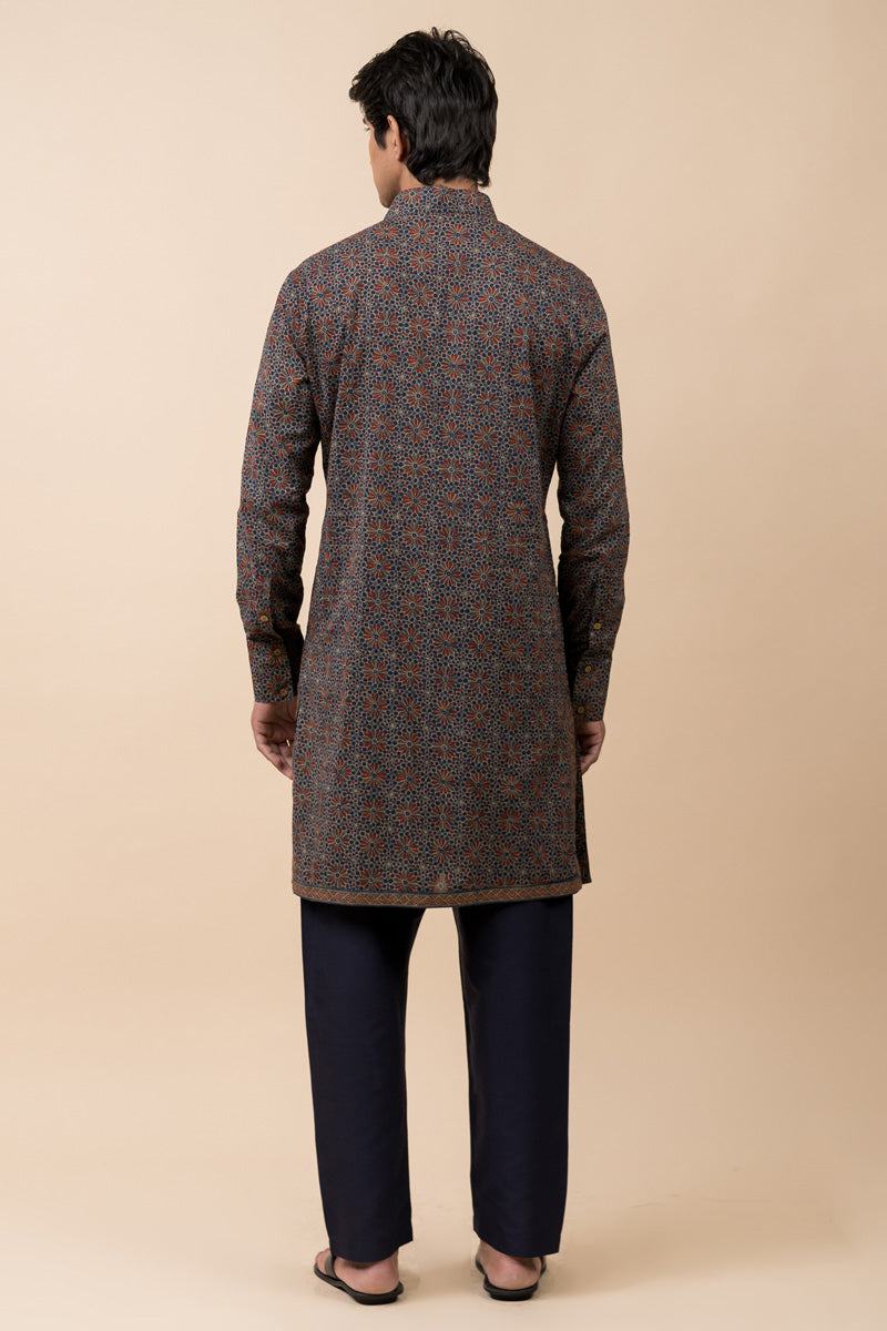 Navy Printed Shirt Style Kurta Set