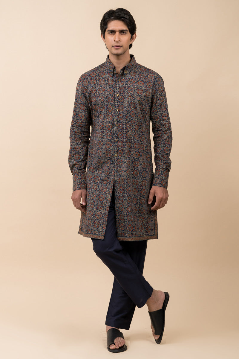 Navy Printed Shirt Style Kurta Set