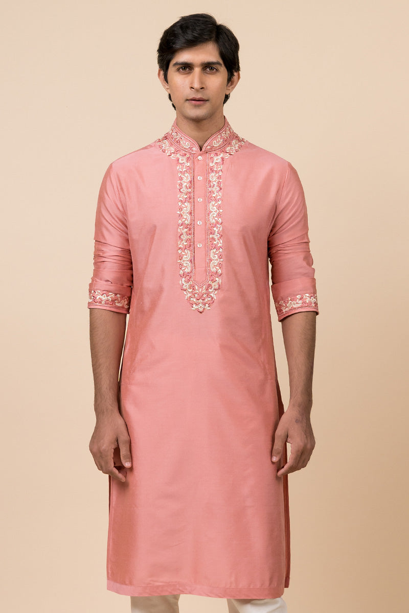 Pink Kurta Set With Aari Work Detailing