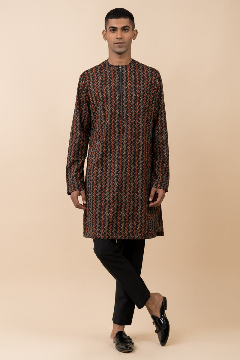 Multi-colored Printed Kurta Set With Zipper Detailing