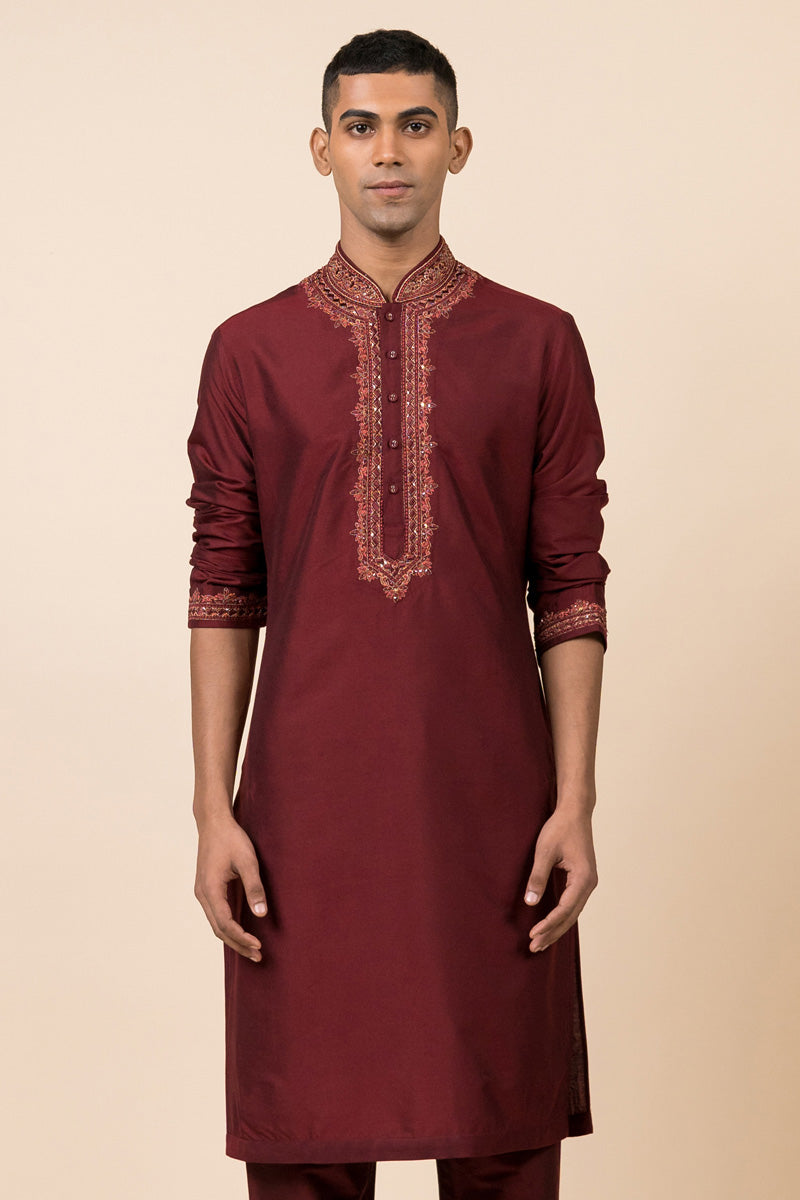 Wine Kurta Set With Embroidered Collar and Placket