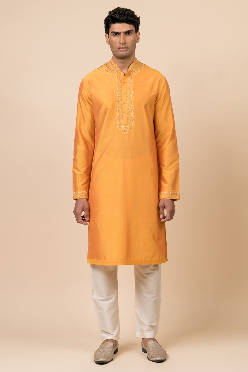 Yellow Ochre Kurta Set With Embroidered Collar and Placket