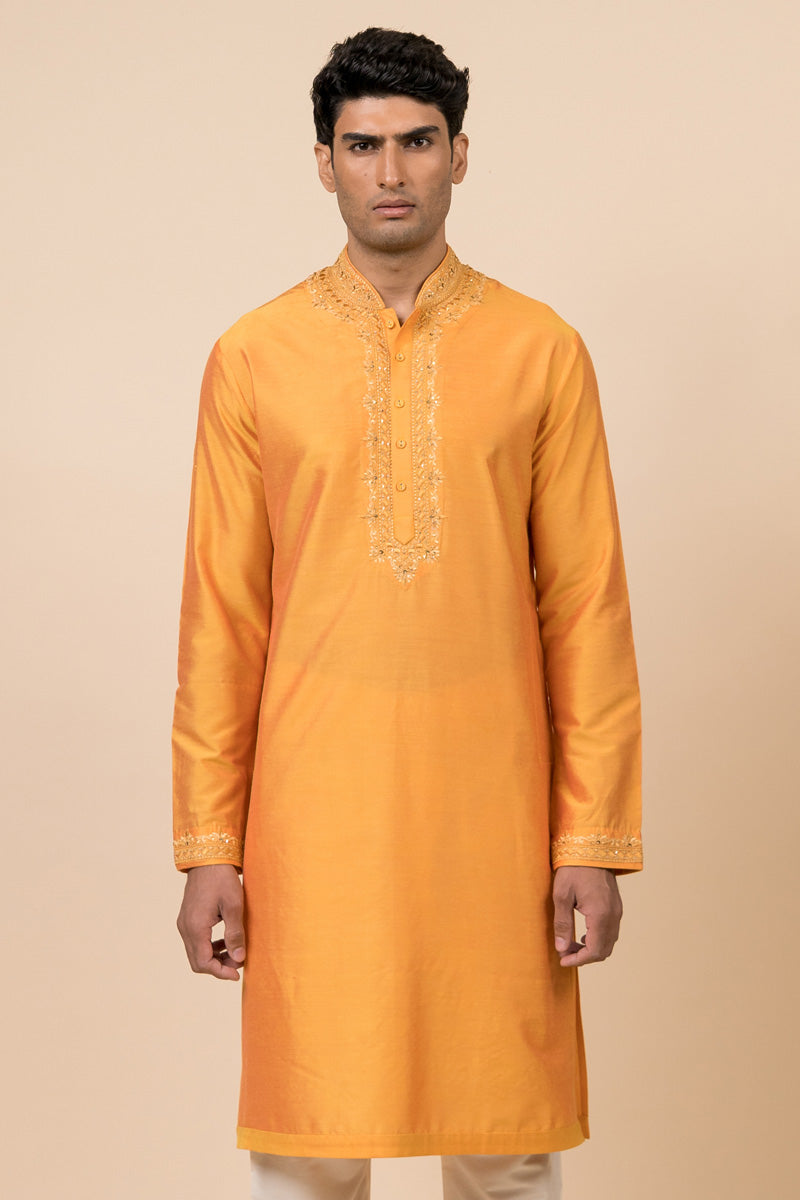 Yellow Ochre Kurta Set With Embroidered Collar and Placket