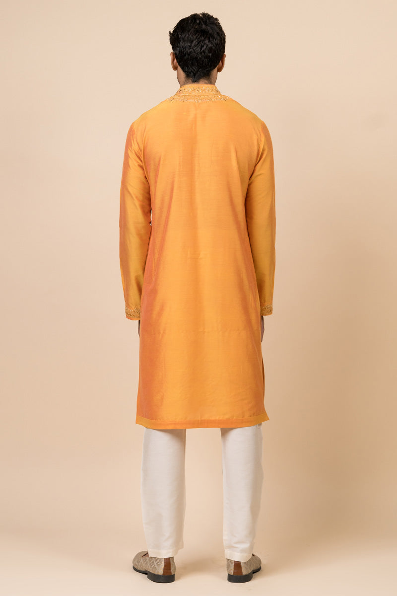 Yellow Ochre Kurta Set With Embroidered Collar and Placket