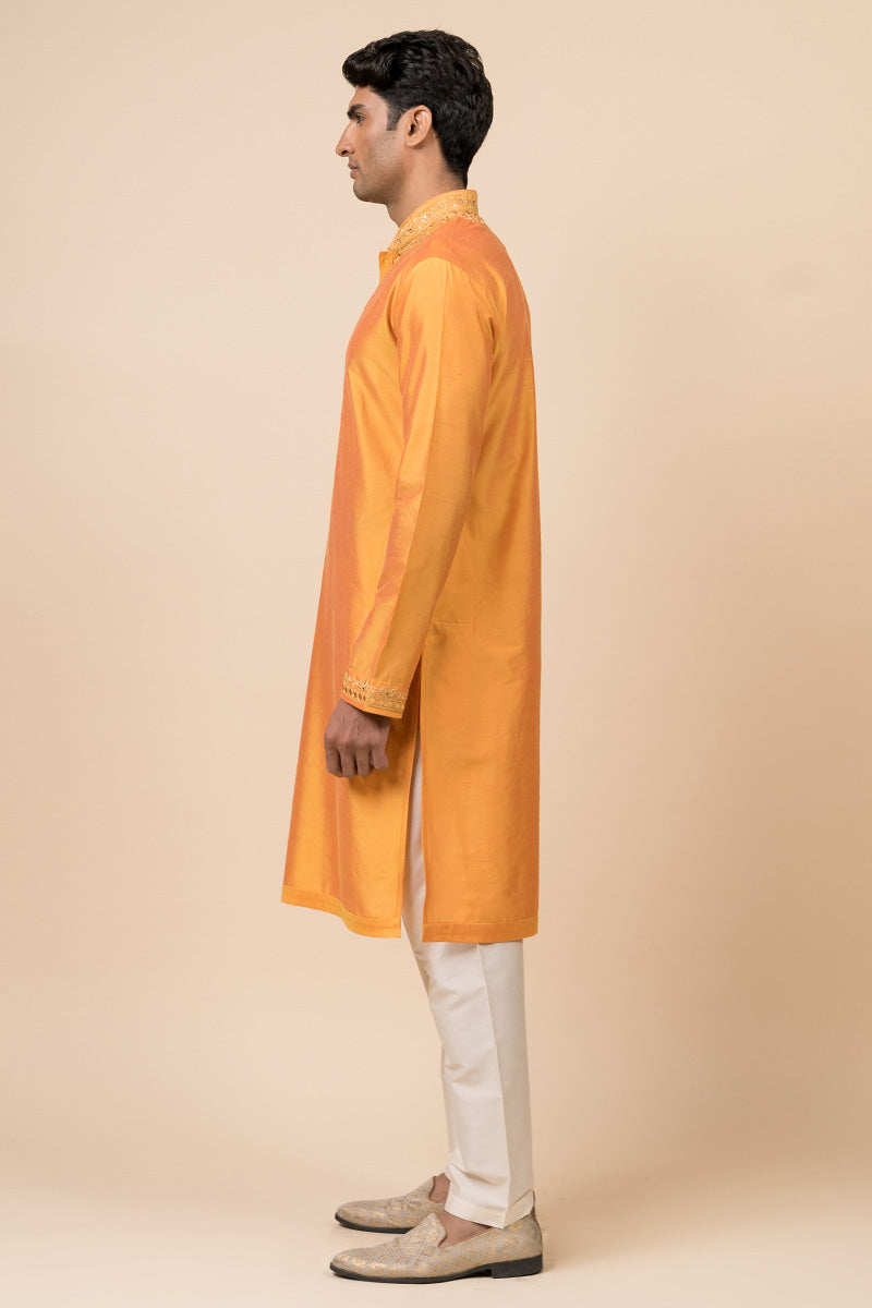 Yellow Ochre Kurta Set With Embroidered Collar and Placket