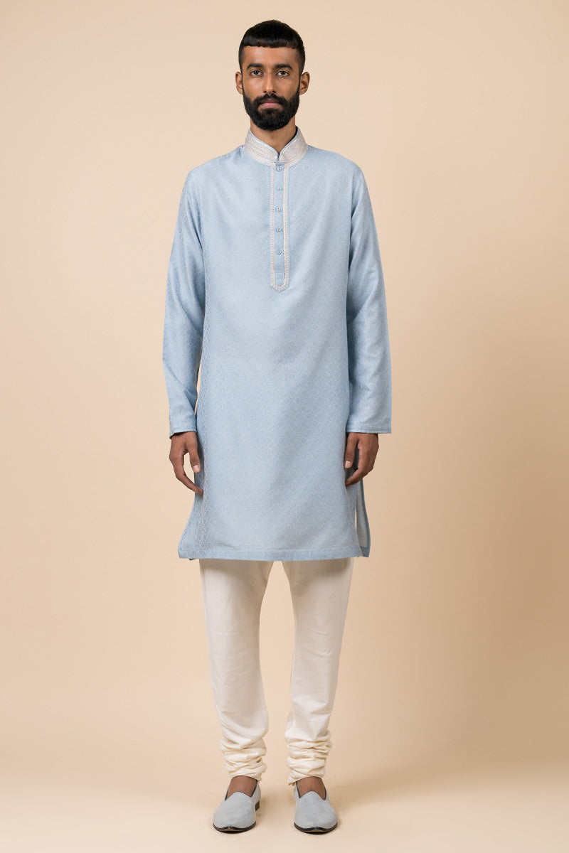 Light Blue Jacquard Kurta Set With Fine Aari Embroidery