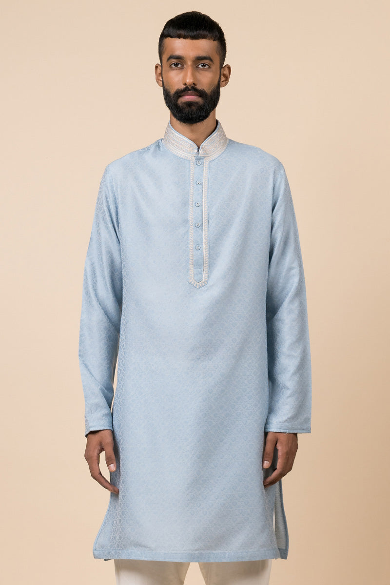 Light Blue Jacquard Kurta Set With Fine Aari Embroidery