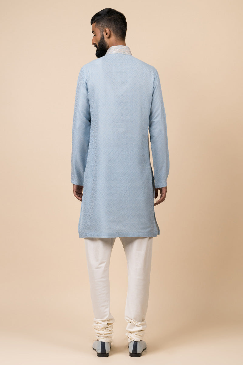 Light Blue Jacquard Kurta Set With Fine Aari Embroidery