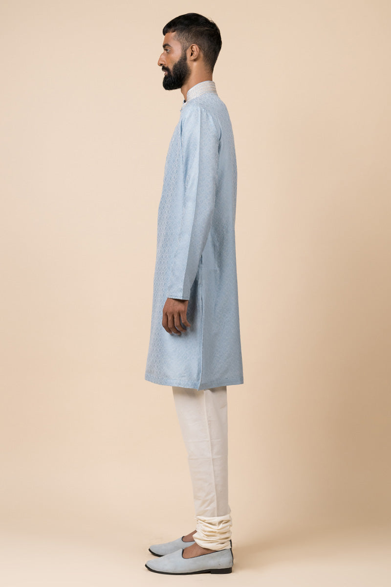 Light Blue Jacquard Kurta Set With Fine Aari Embroidery